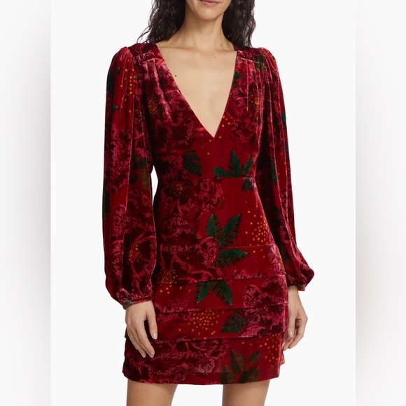 FARM Rio Dresses & Skirts - Farm Rio Red Shiny Flowers Mini Dress Velvet Size XS
